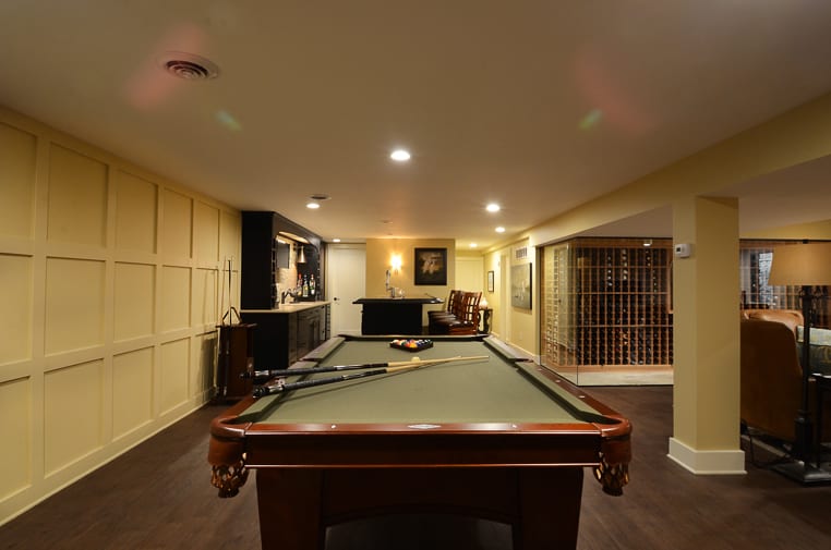 Entertainment Room wide view- pool table, refrigerated wine room,bar